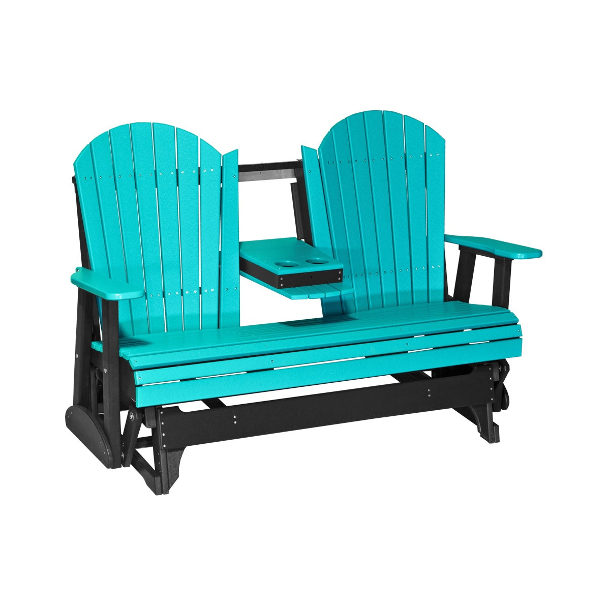This is Aruba Blue and Black colored Adirondack glider bench on a white background.