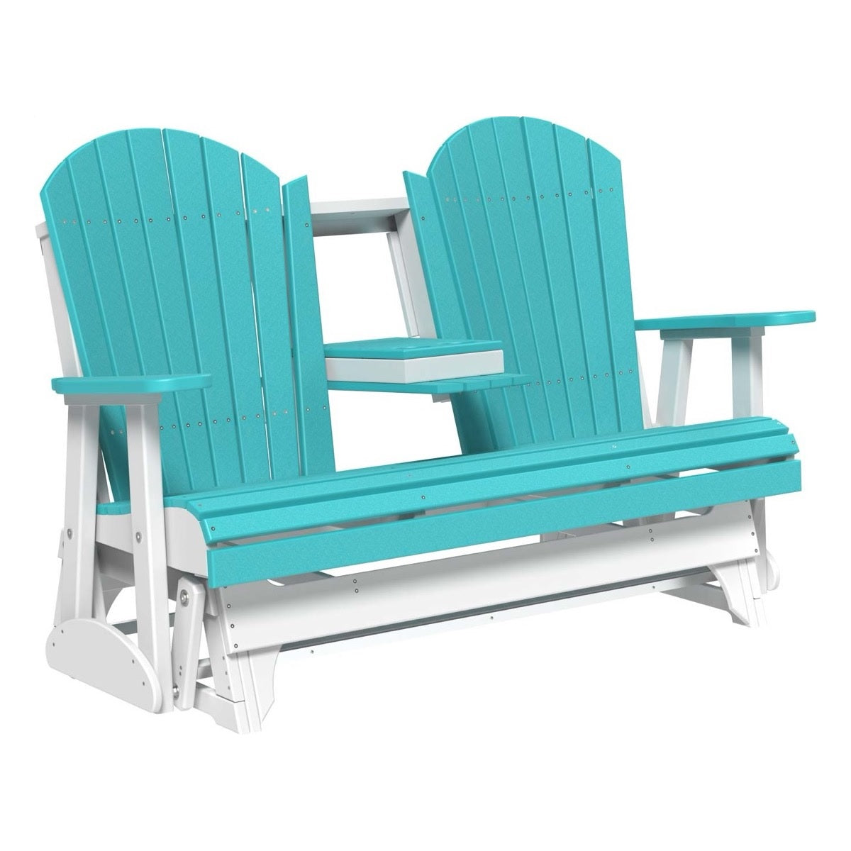 This is a Aruba Blue and White colored Adirondack glider bench on a white background.