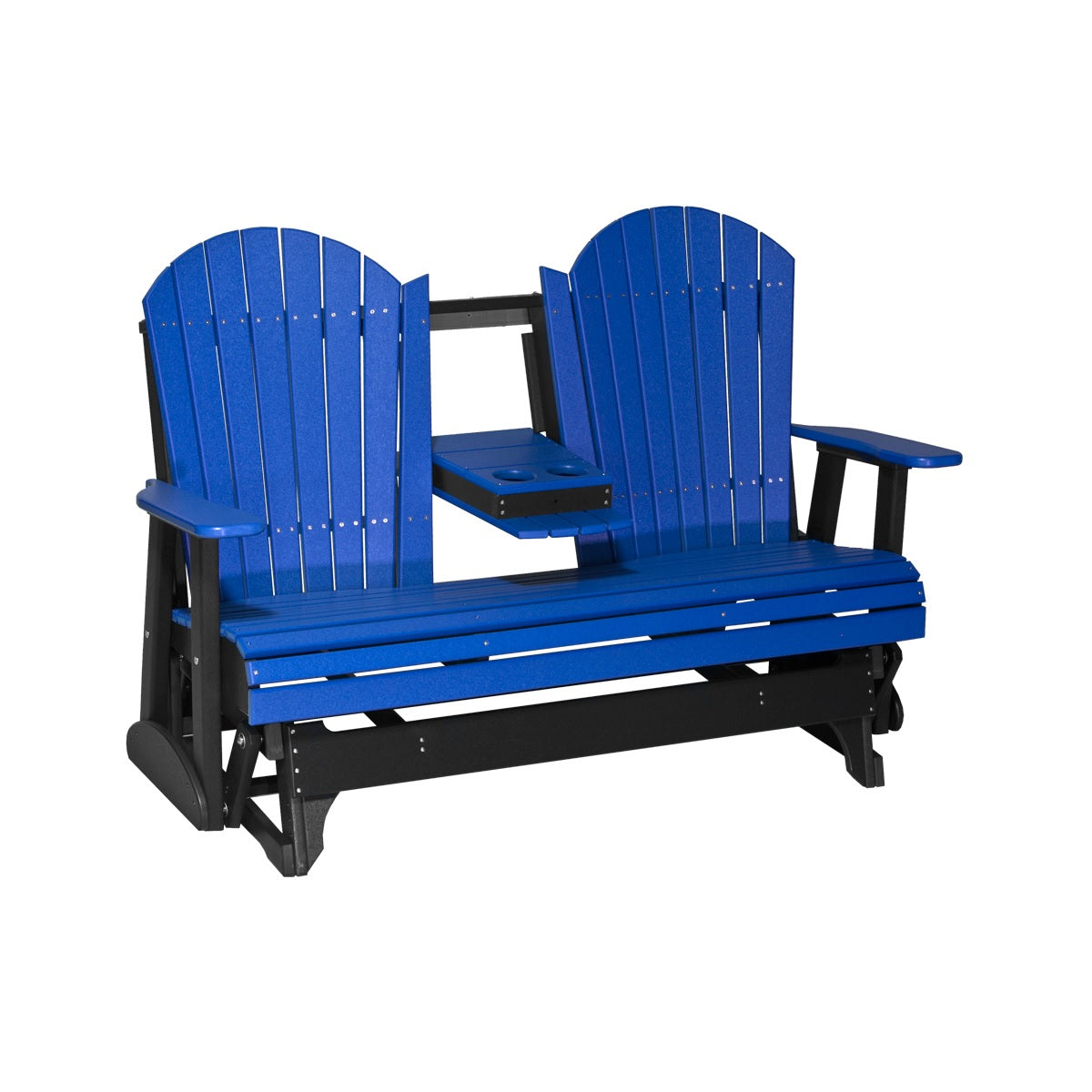 This is a Blue and Black colored Adirondack glider bench on a white background.