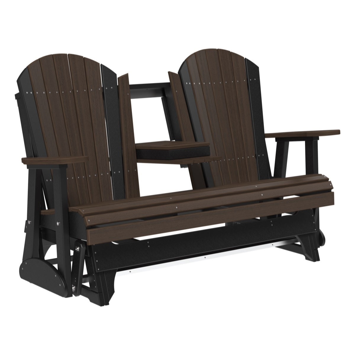This is a Brazilian Walnut and Black colored Adirondack glider bench on a white background.