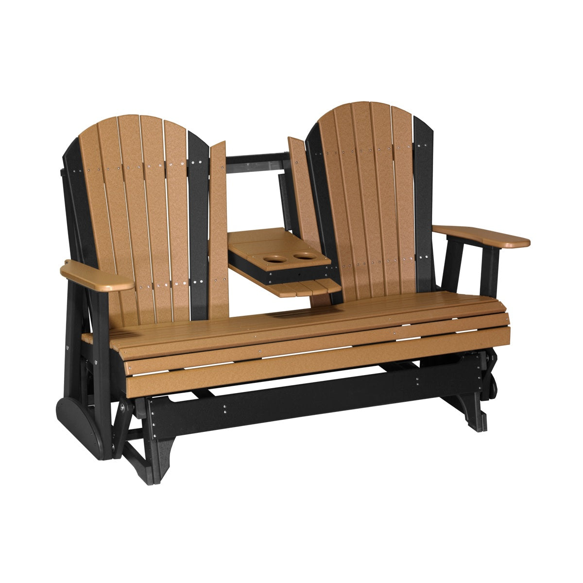 This is a Cedar and Black colored Adirondack glider bench on a white background.
