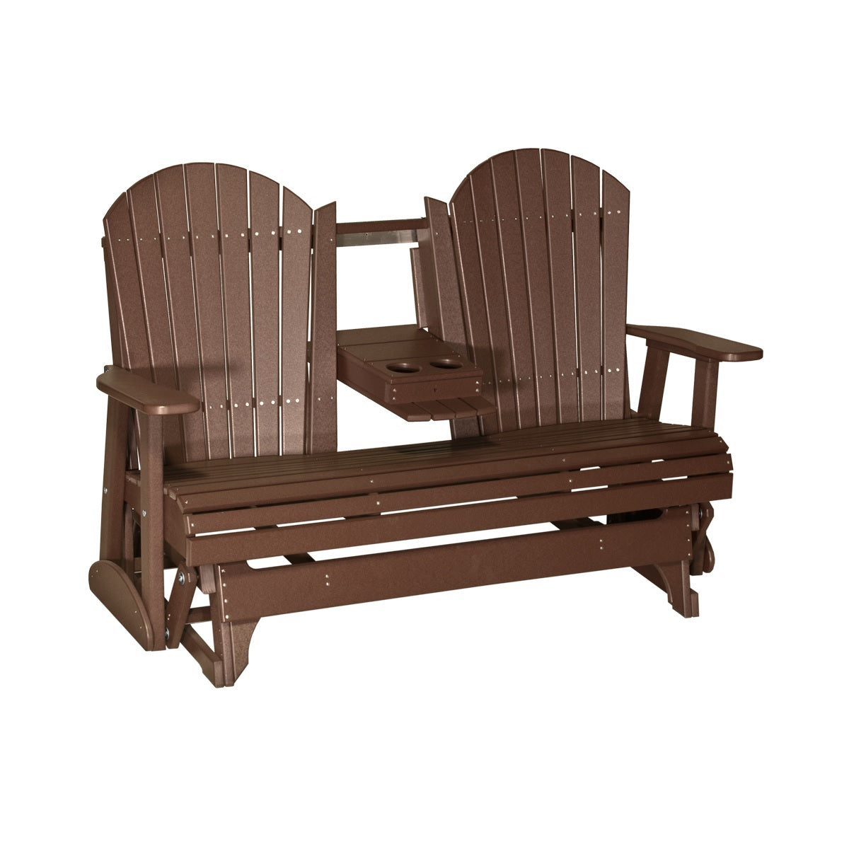 This is a Chestnut Brown colored Adirondack glider bench on a white background.