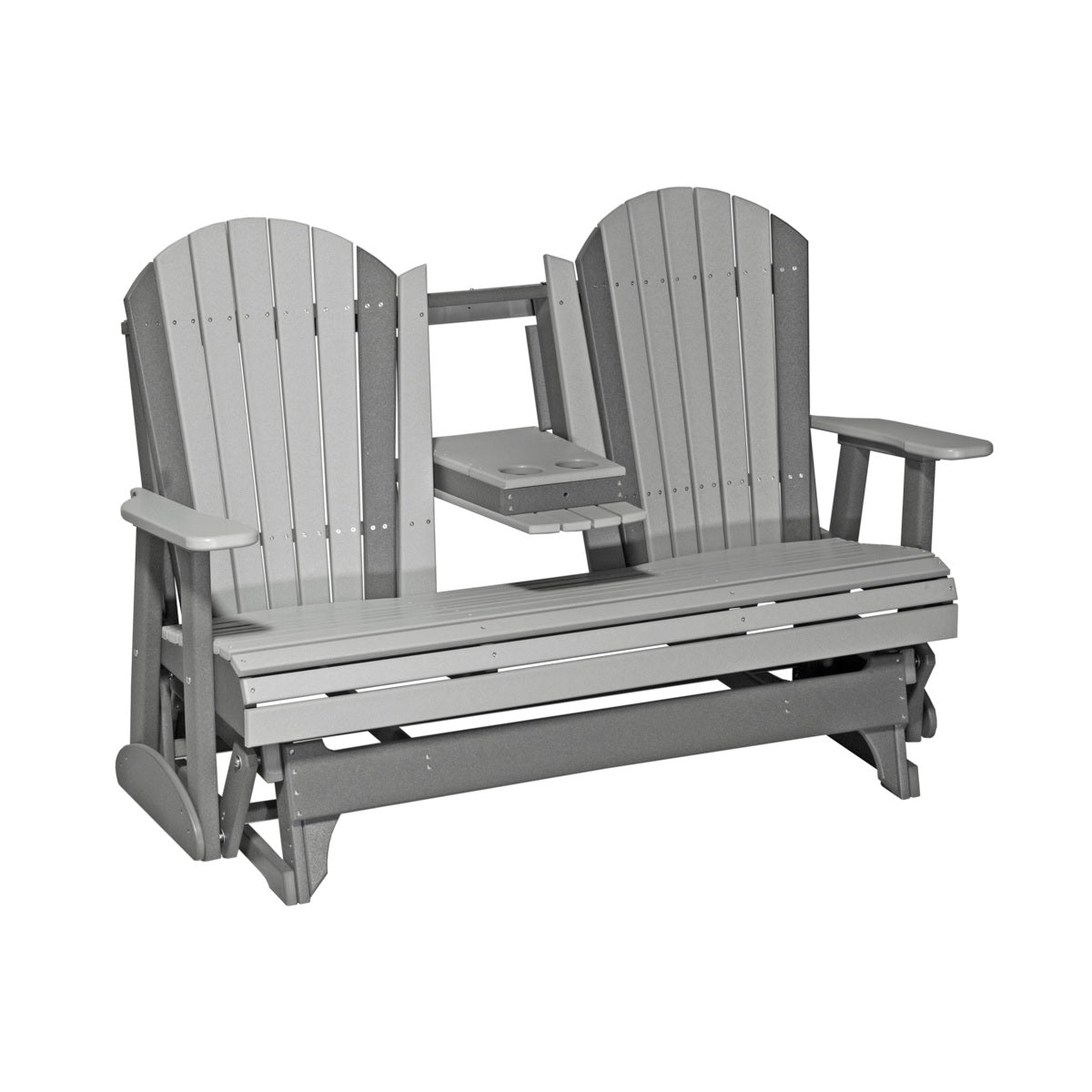 This is a Dove Gray and Slate colored Adirondack glider bench on a white background.