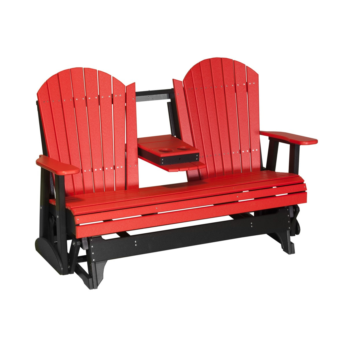 This is a Red and Black colored Adirondack glider bench on a white background.