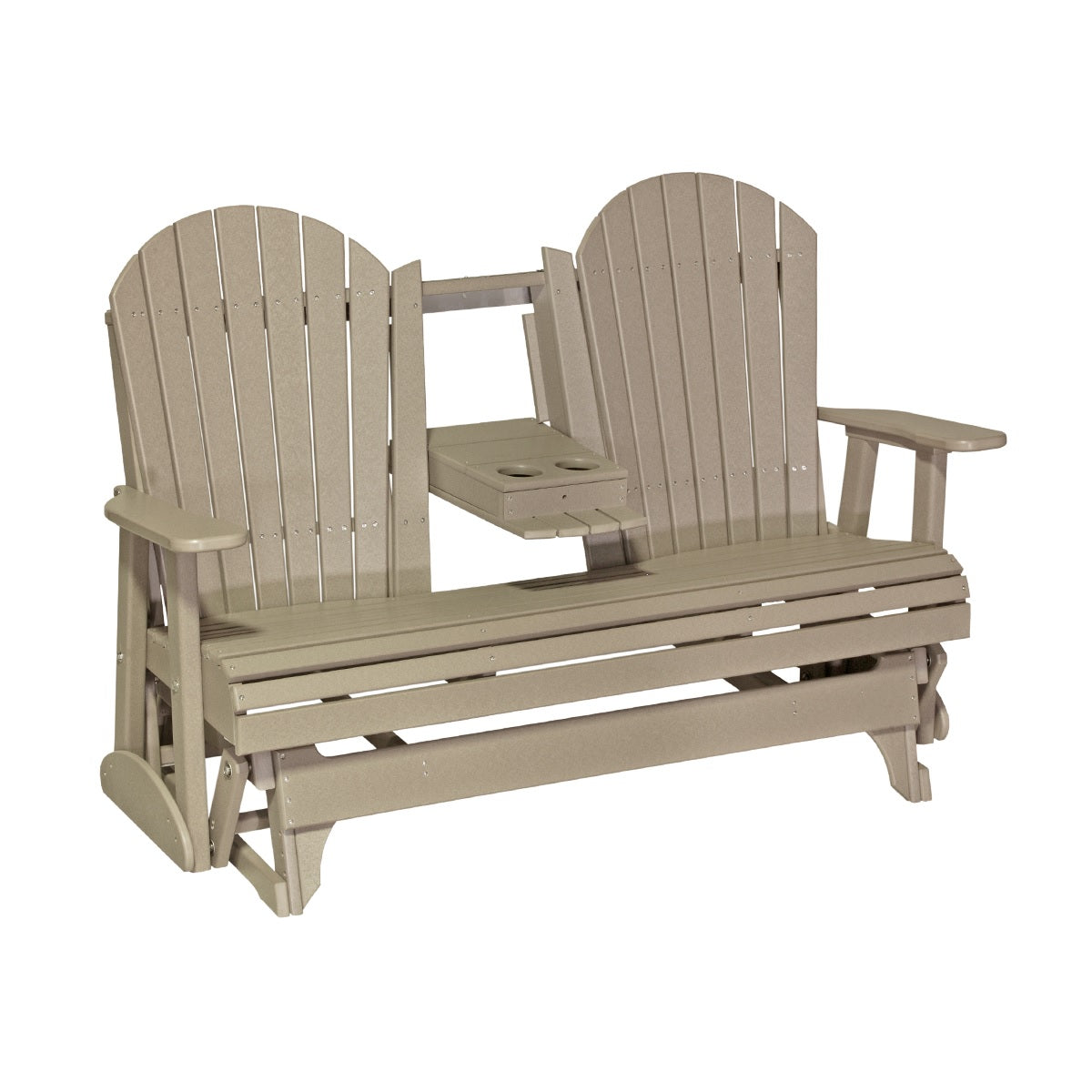 This is a Weatherwood colored Adirondack glider bench on a white background.