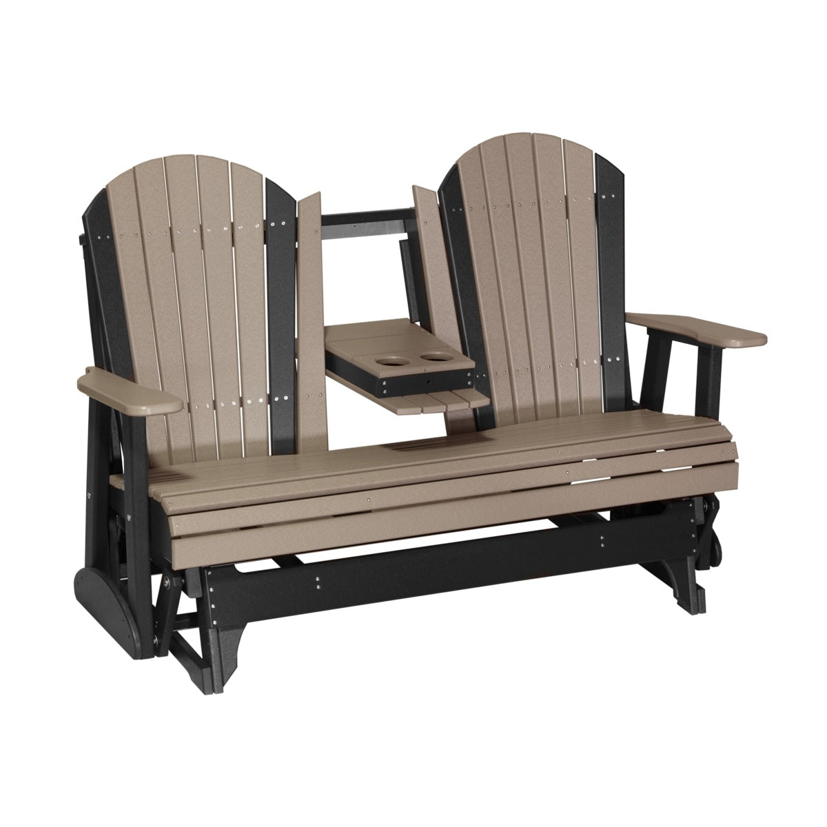 This is a Weatherwood and Black colored Adirondack glider bench on a white background.