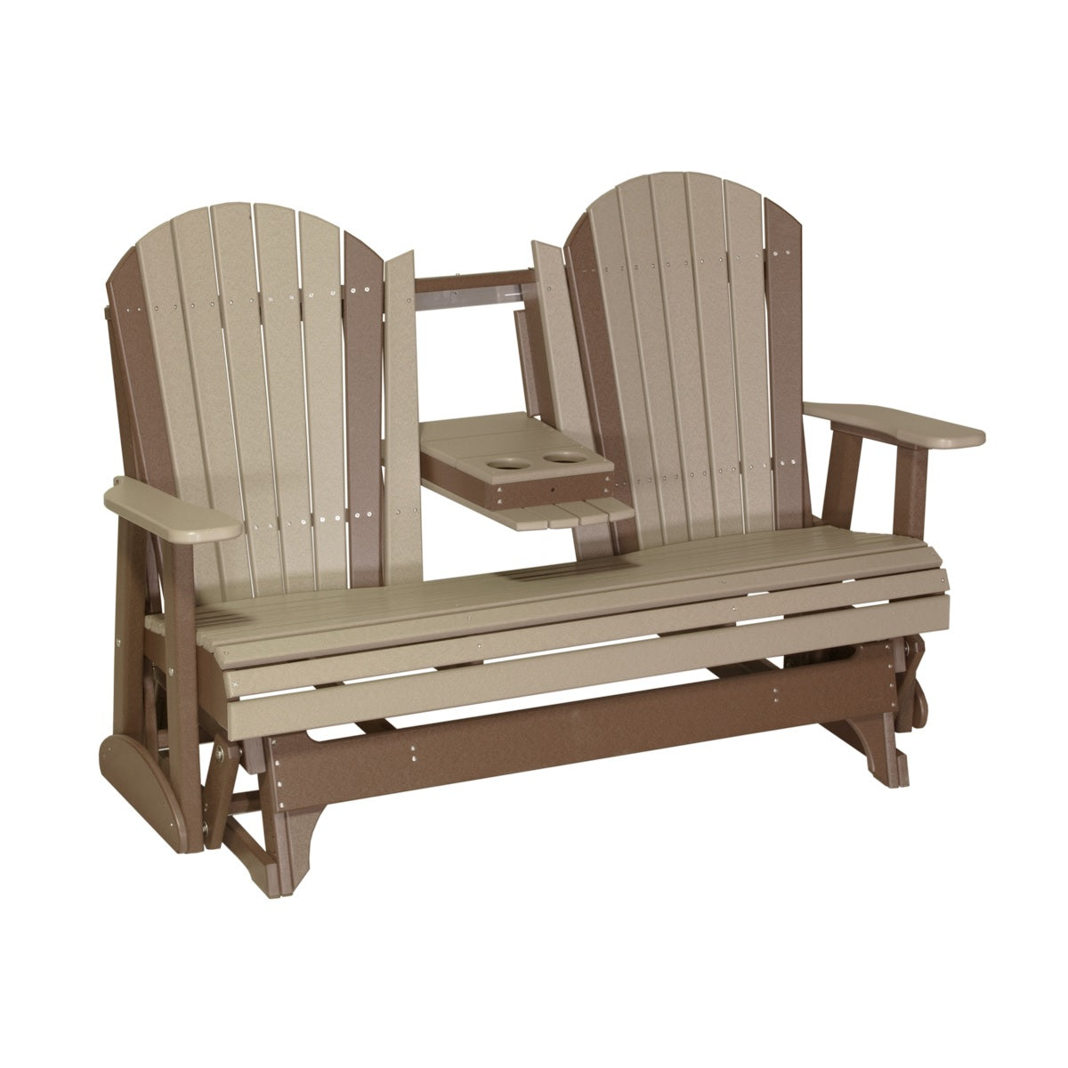 This is a Weatherwood and Chestnut Brown colored Adirondack glider bench on a white background.