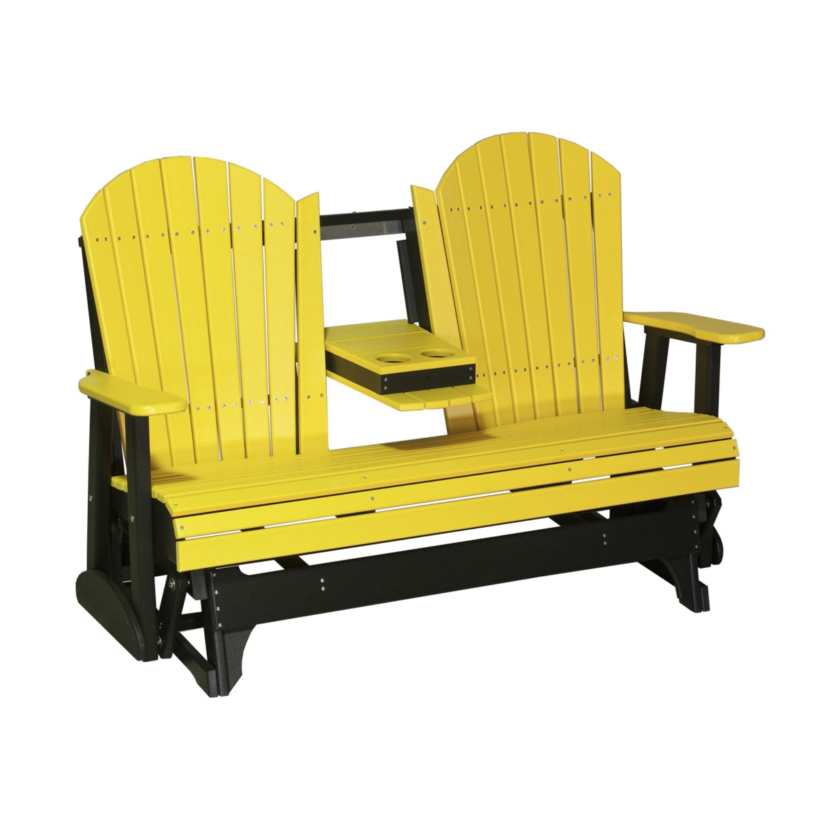 This is a Yellow and Black colored Adirondack glider bench on a white background.