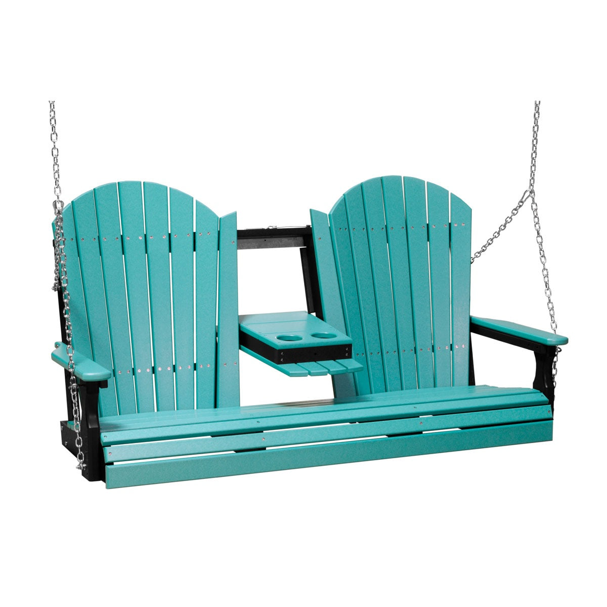 This image shows off the Aruba Blue and Black colored Adirondack porch swing on a white background.