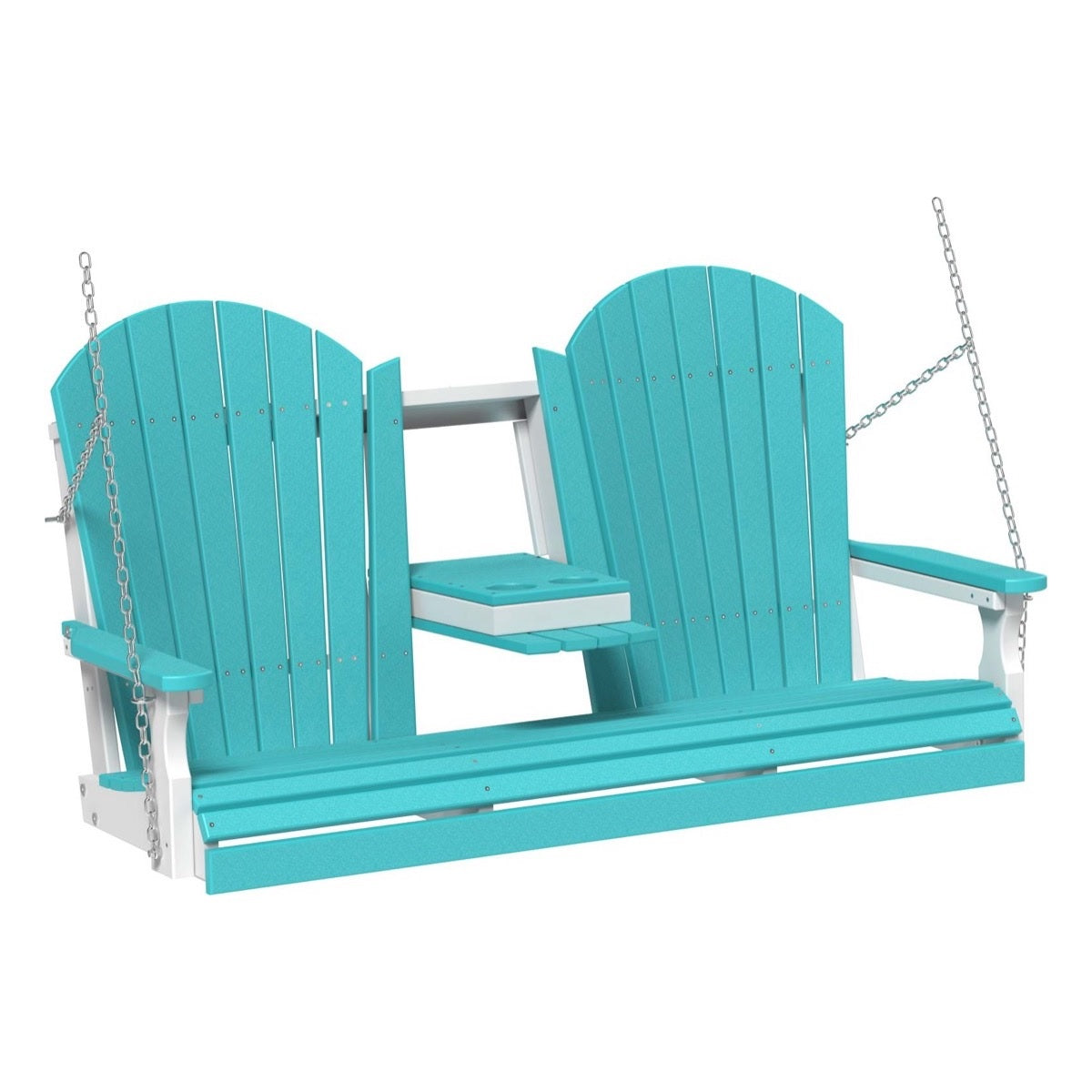 This image shows off the Aruba Blue and White colored Adirondack porch swing on a white background.
