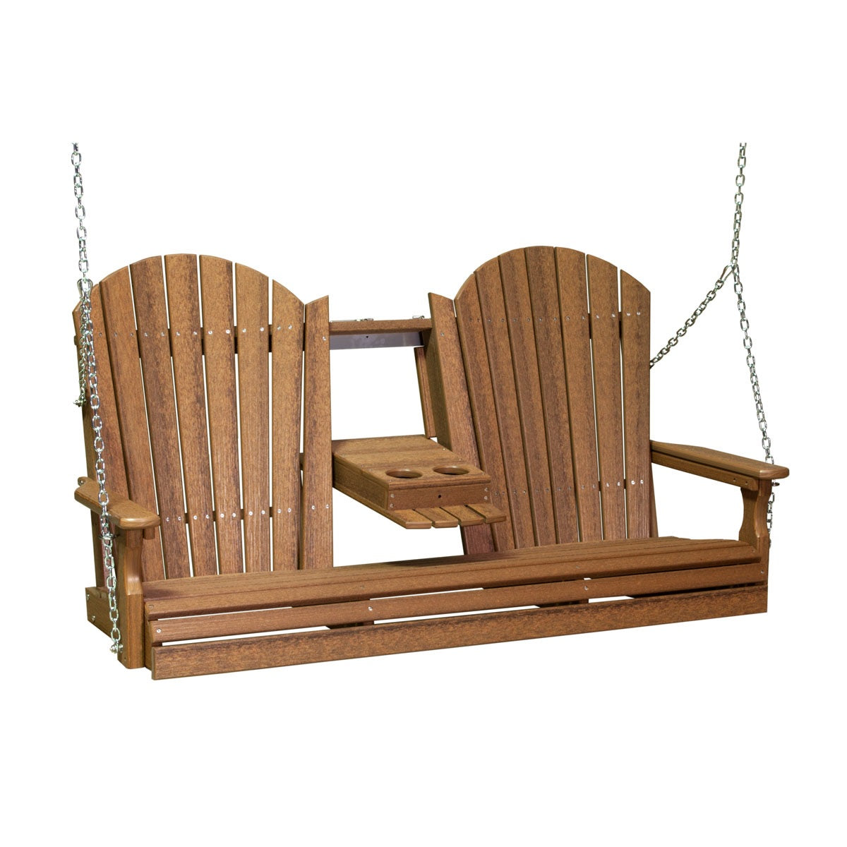 This image shows off the Antique Mahogany colored Adirondack porch swing on a white background.