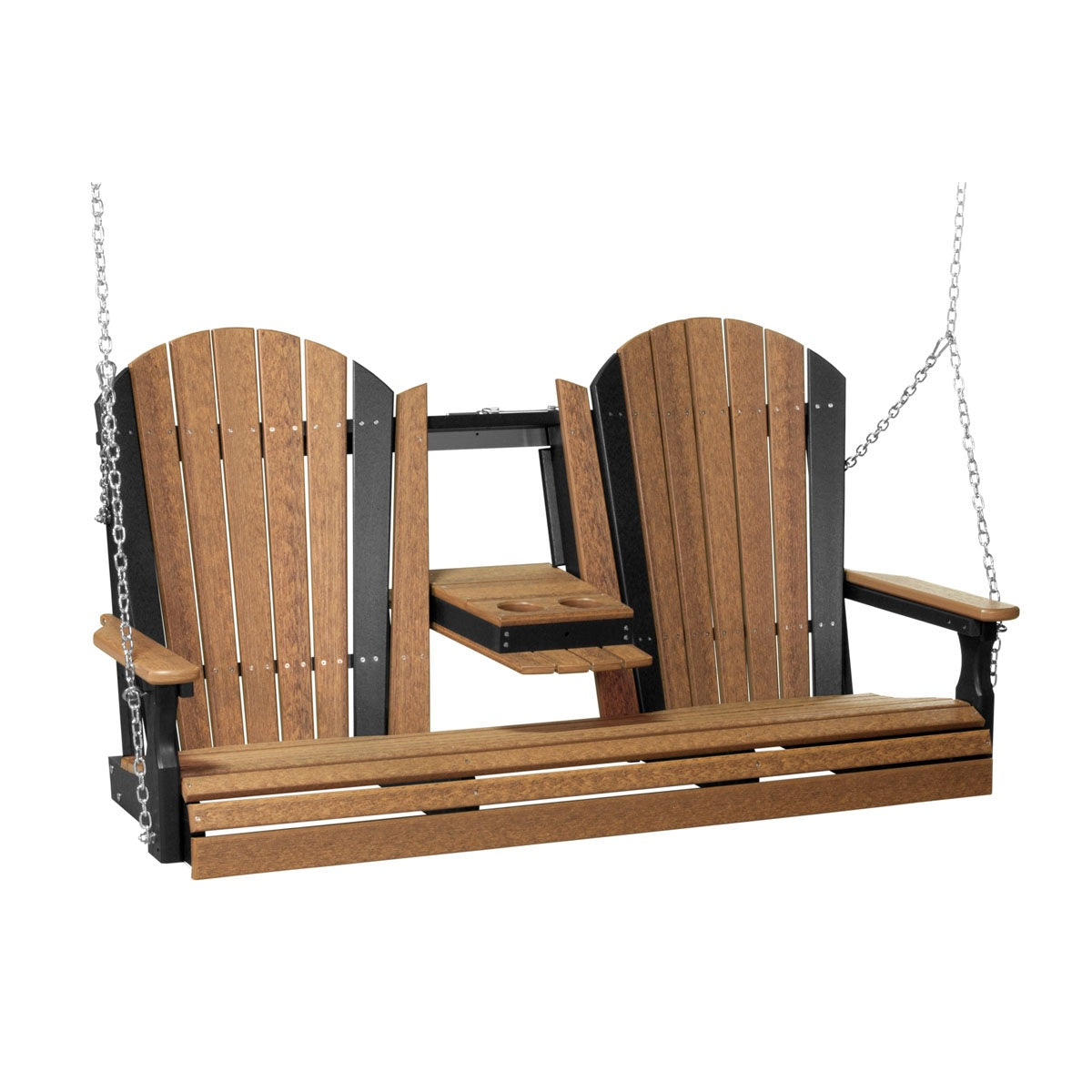This image shows off the Antique Mahogany and Black colored Adirondack porch swing on a white background.