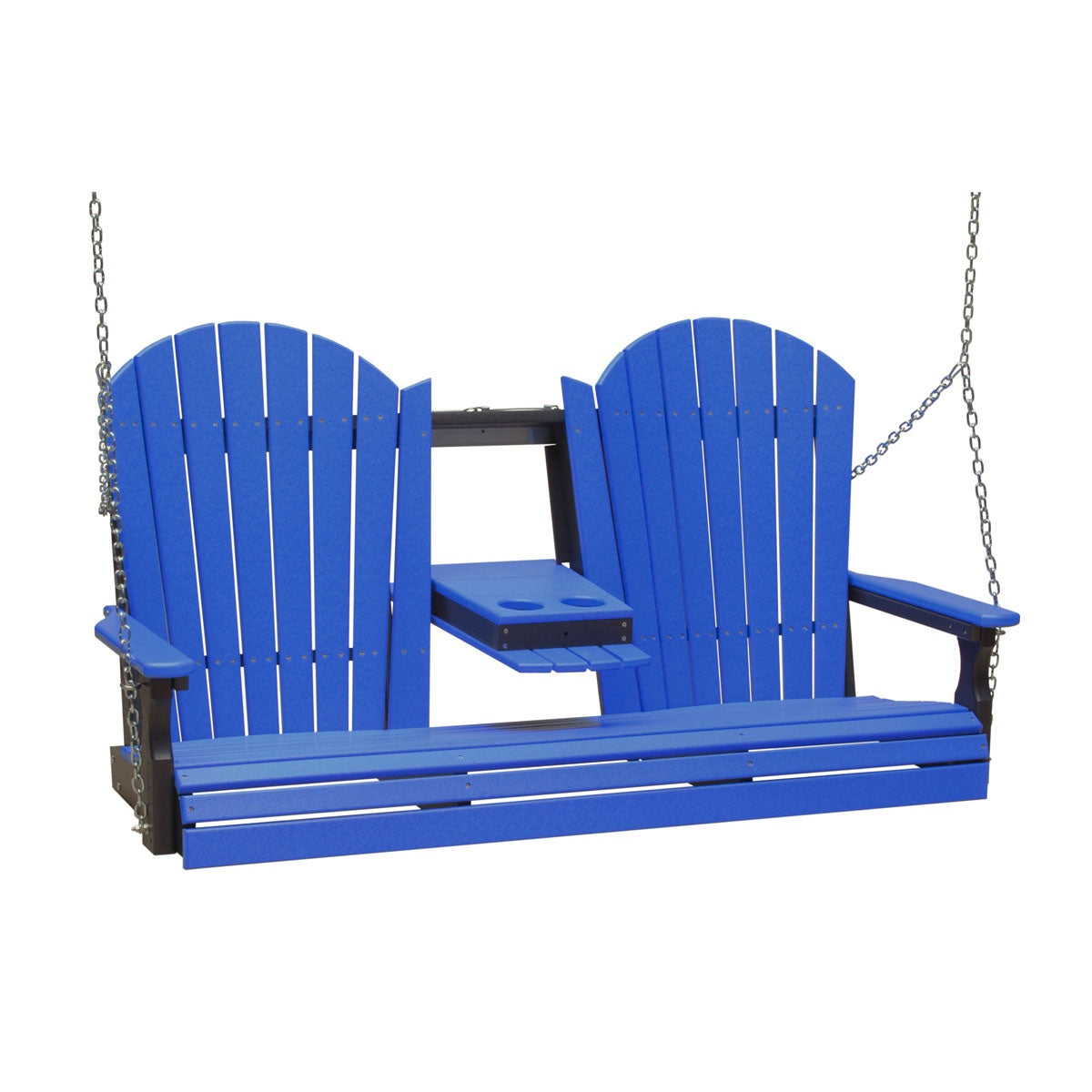 This image shows off the Blue and Black colored Adirondack porch swing on a white background.