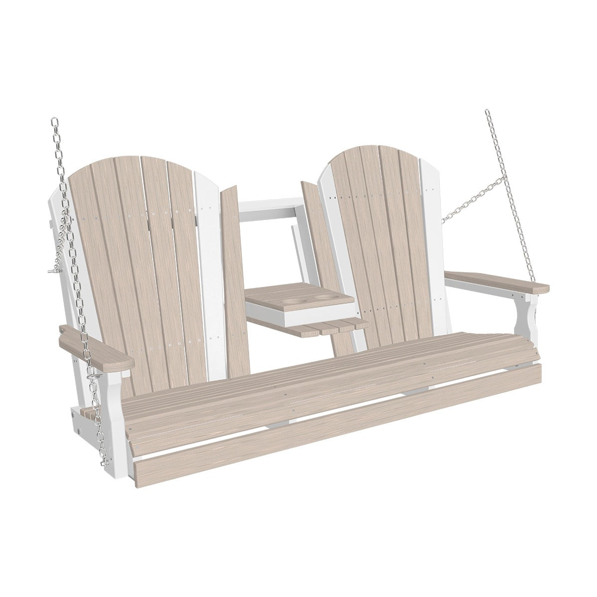 This image shows off the Birch and White colored Adirondack porch swing on a white background.