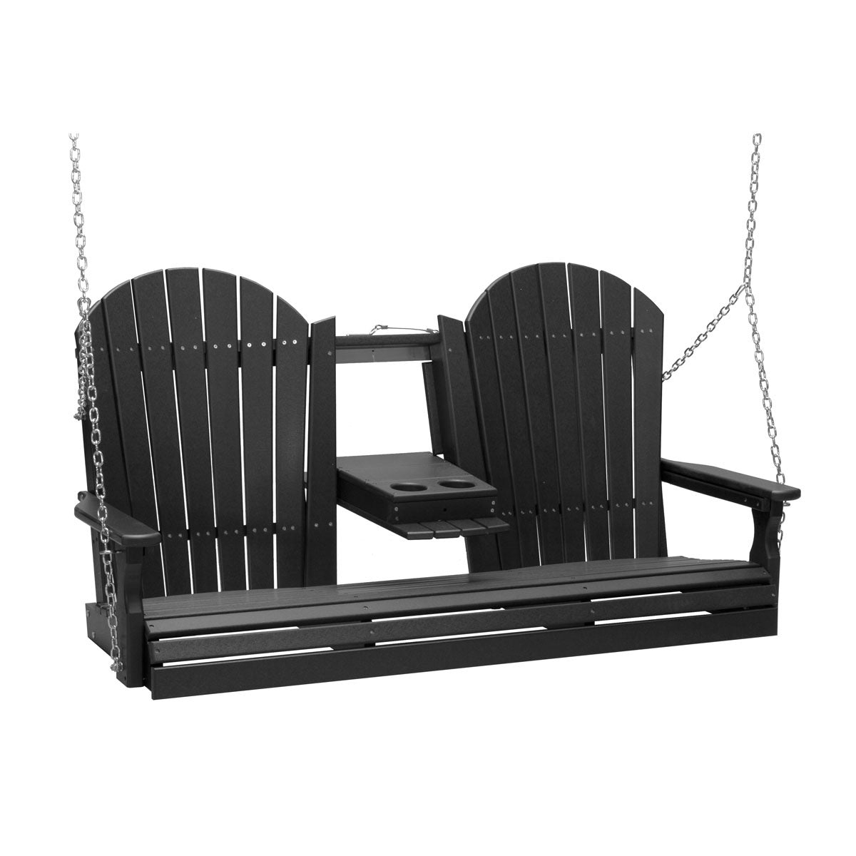 This image shows off the Black colored Adirondack porch swing on a white background.