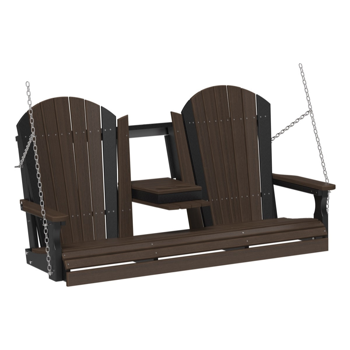 This image shows off the Brazilian Walnut and Black colored Adirondack porch swing on a white background.