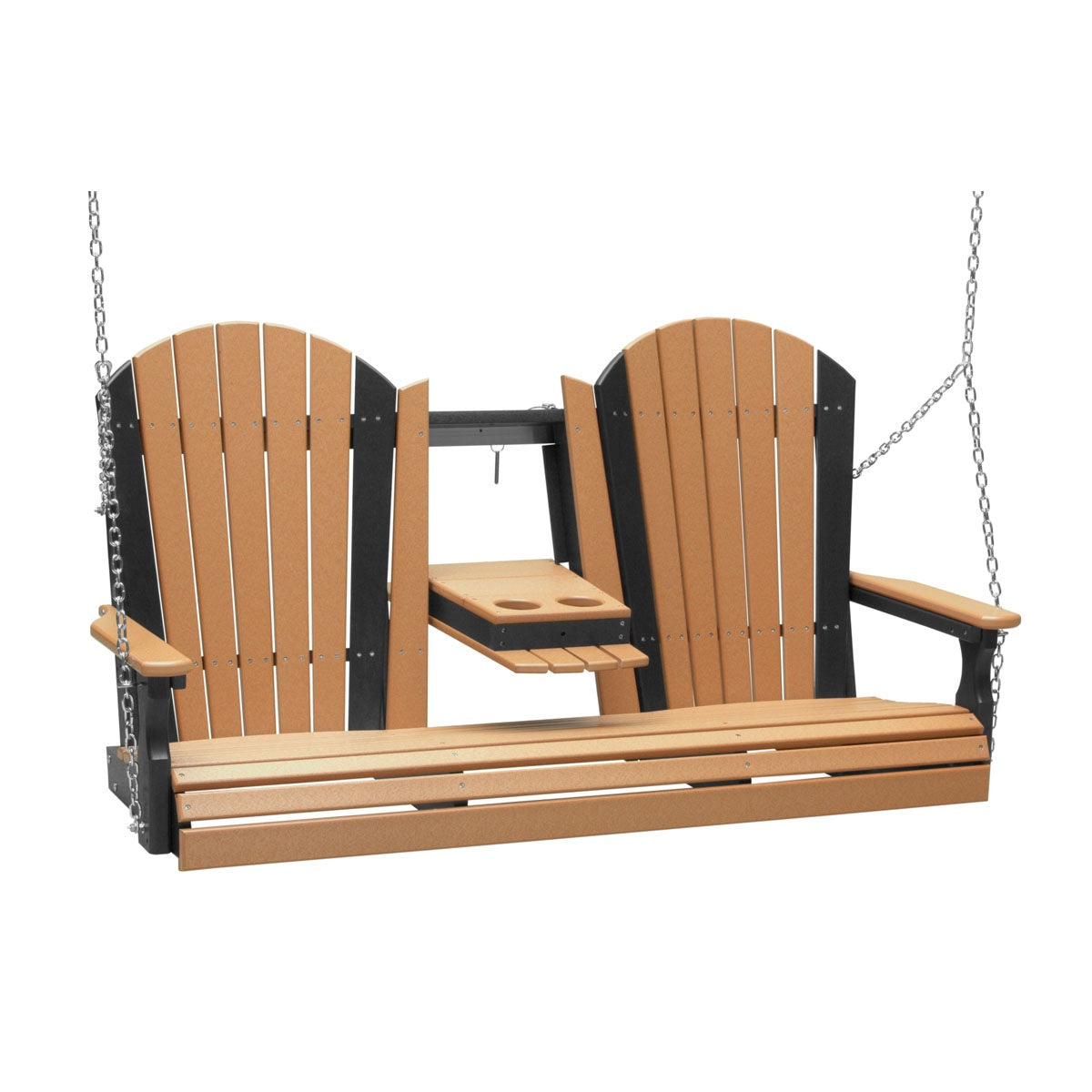 This image shows off the Cedar and Black colored Adirondack porch swing on a white background.