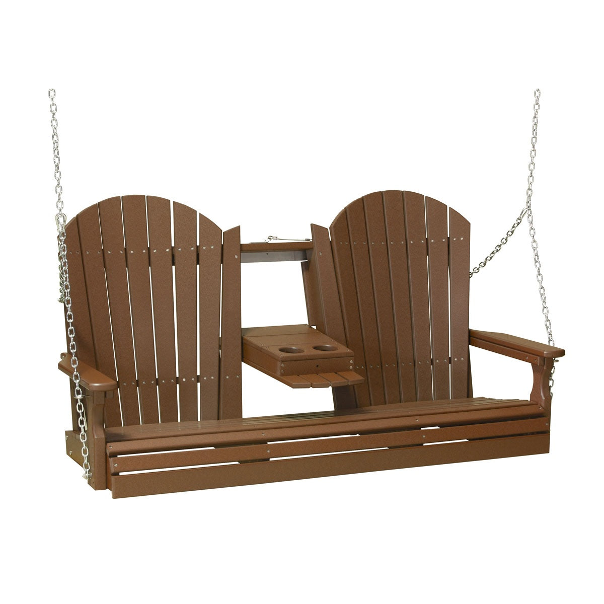 This image shows off the Chestnut Brown colored Adirondack porch swing on a white background.