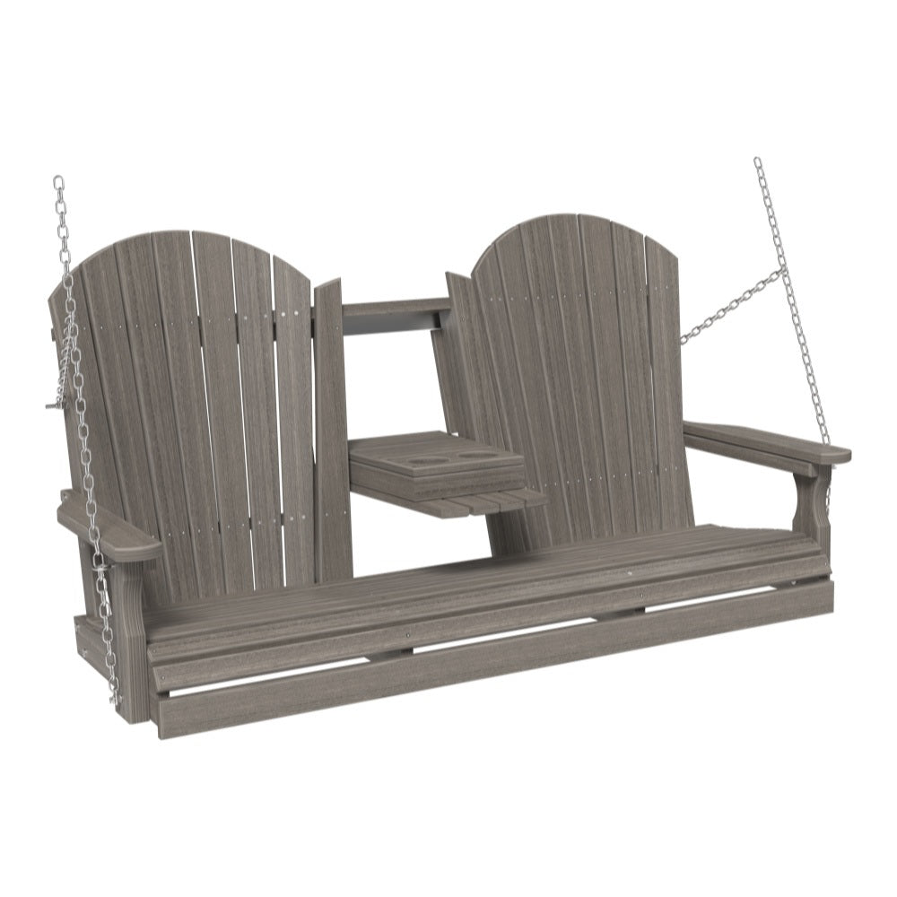 This image shows off the Coastal Gray colored Adirondack porch swing on a white background.