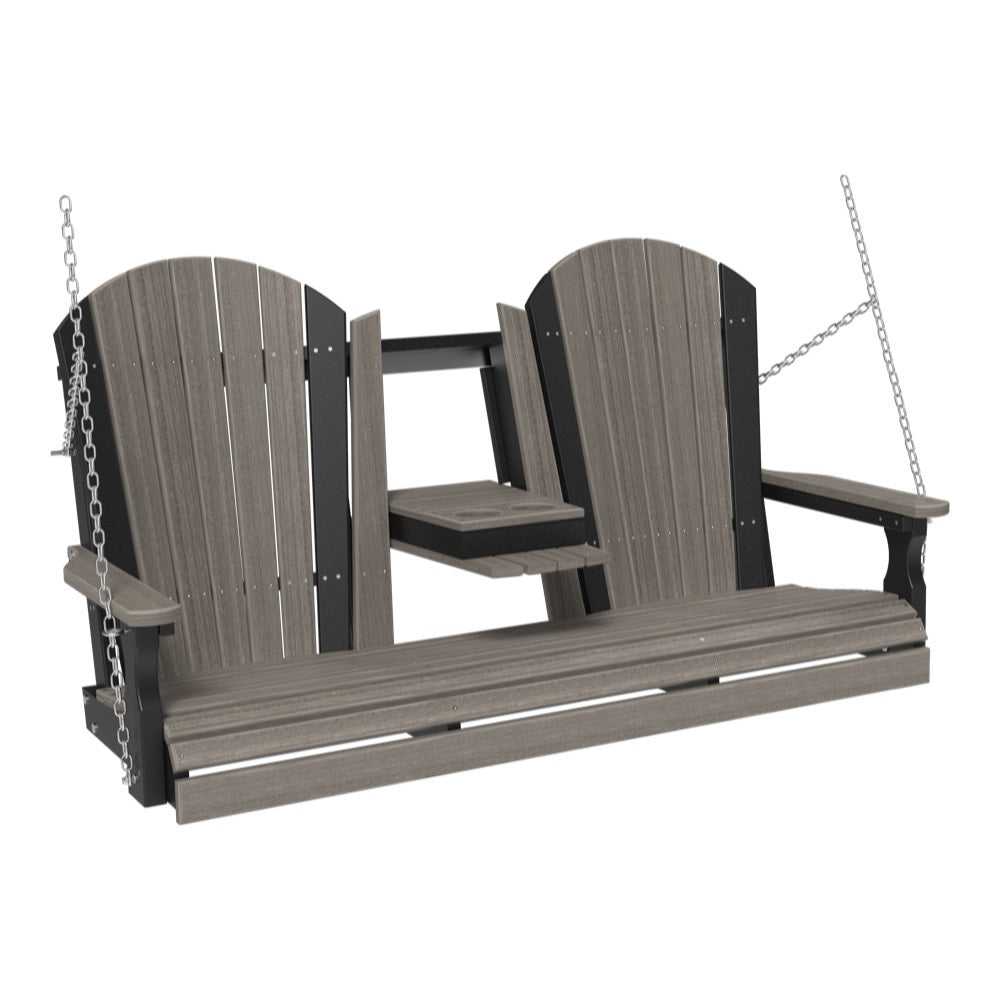 This image shows off the Coastal Gray and Black colored Adirondack porch swing on a white background.