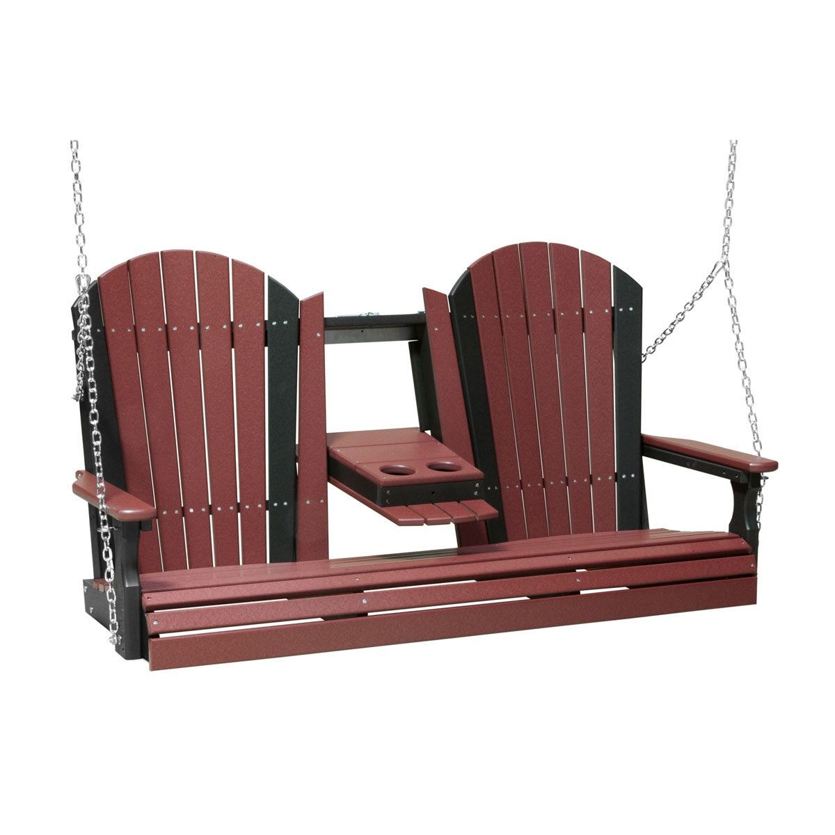 This image shows off the Cherrywood and Black colored Adirondack porch swing on a white background.
