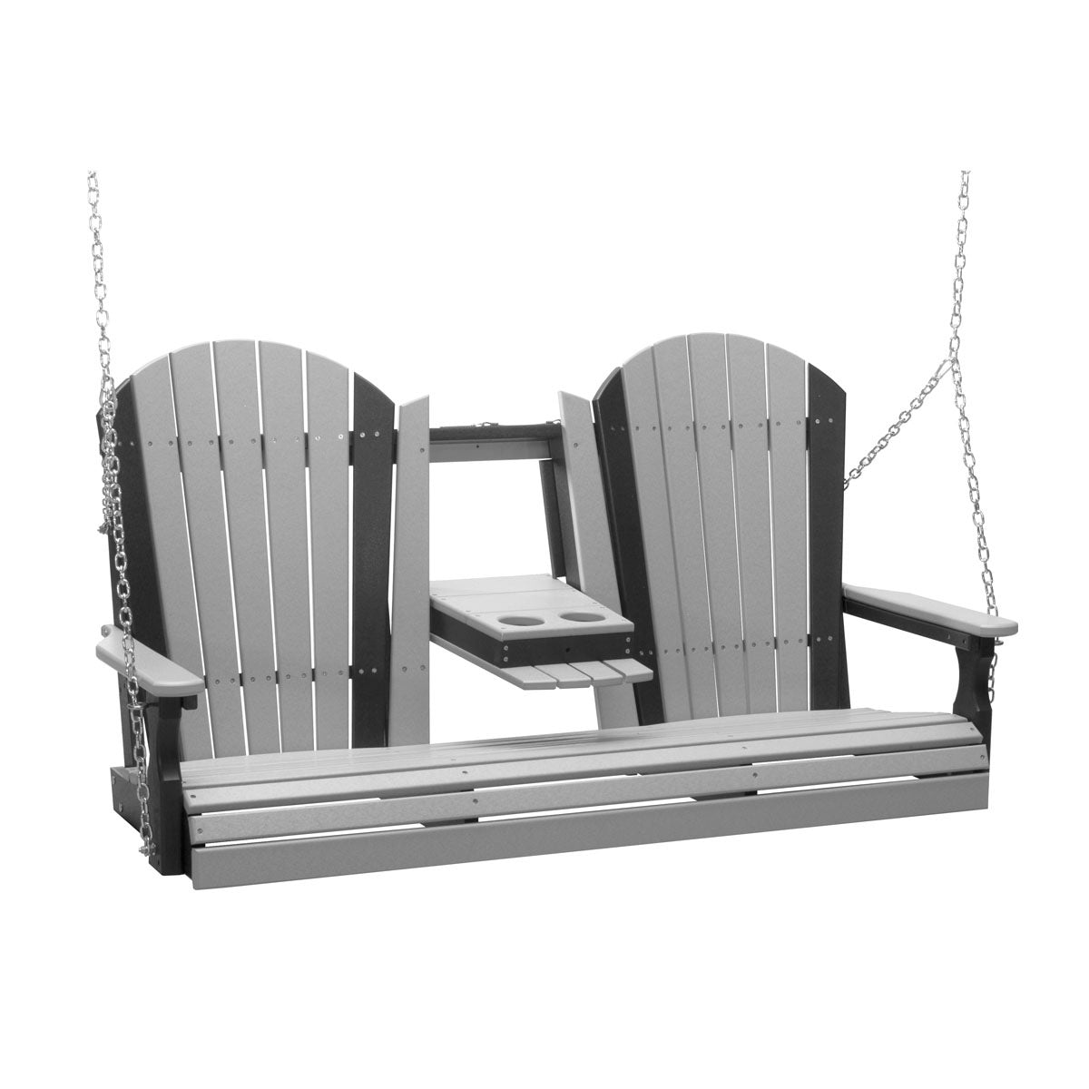This image shows off the Dove Gray and Black colored Adirondack porch swing on a white background.
