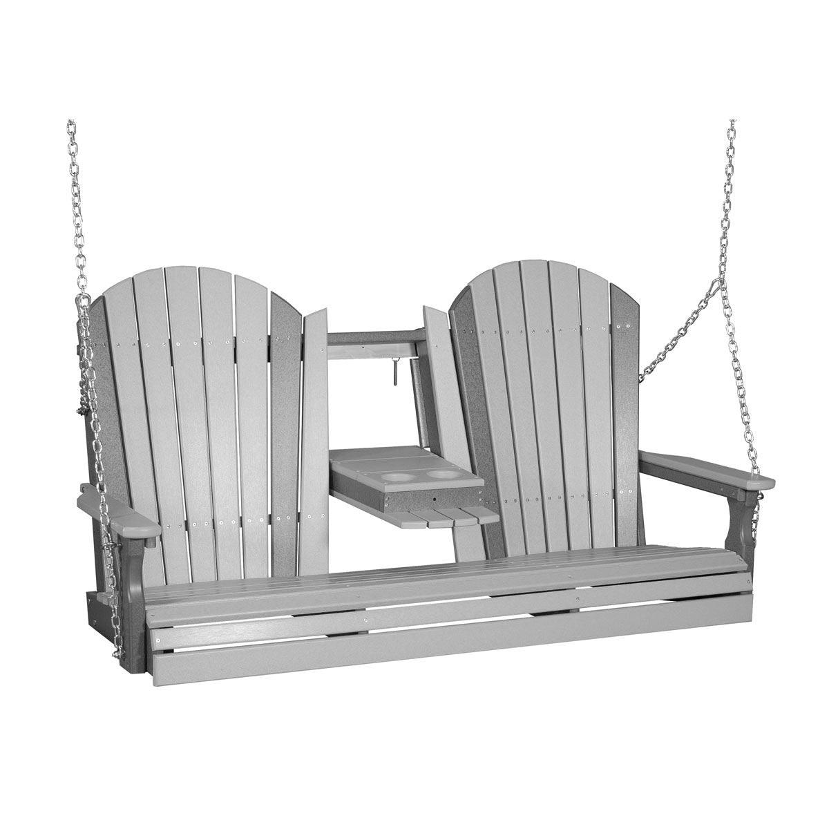 This image shows off the Dove Gray and Slate colored Adirondack porch swing on a white background.