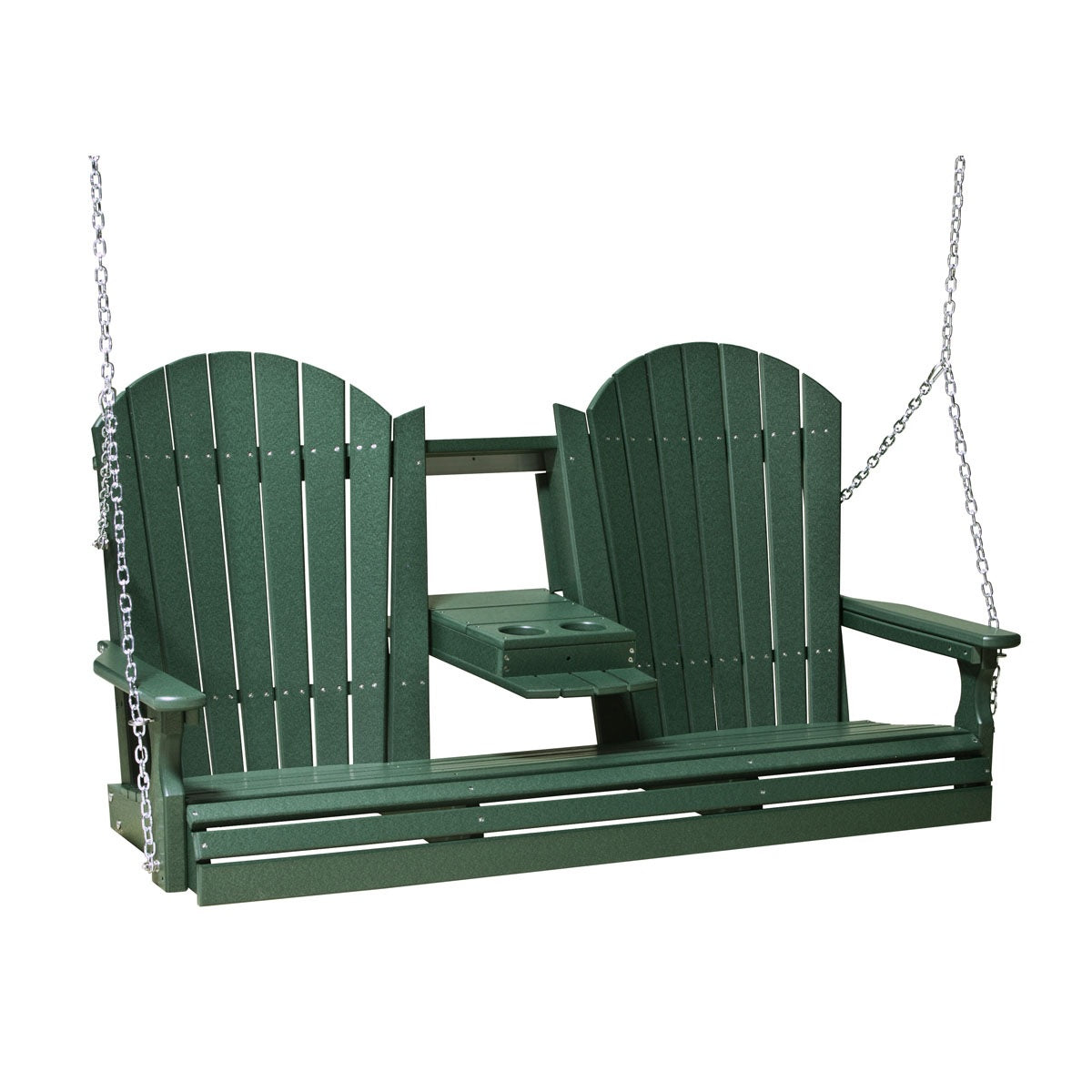 This image shows off the Green colored Adirondack porch swing on a white background.