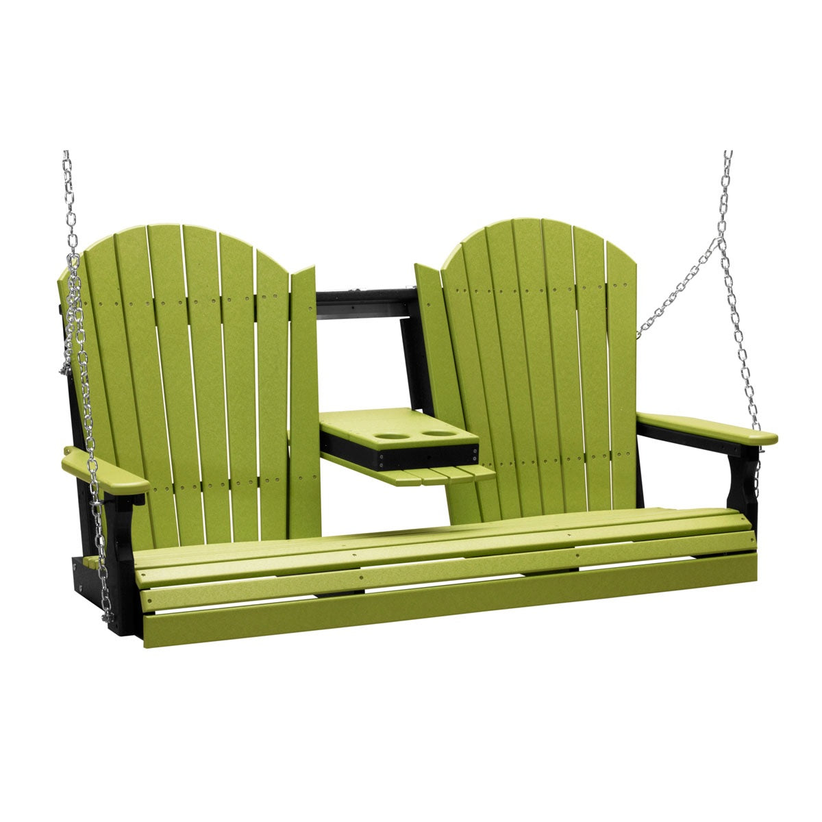 This image shows off the Lime Green and Black colored Adirondack porch swing on a white background.