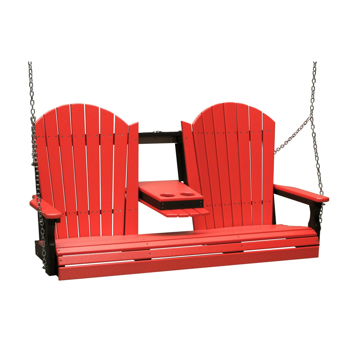 This image shows off the Red and Black colored Adirondack porch swing on a white background.