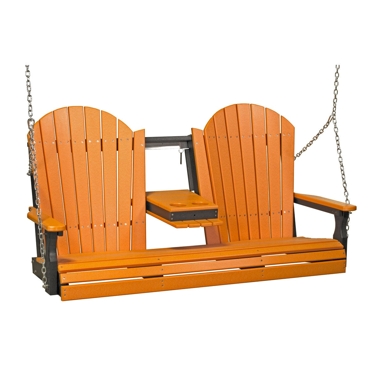 This image shows off the Tangerine and Black colored Adirondack porch swing on a white background.