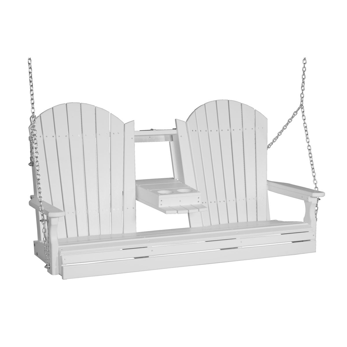 This image shows the White colored Adirondack porch swing on a white background.