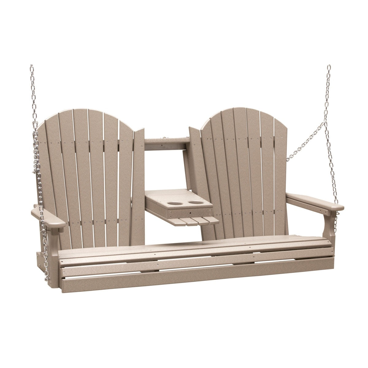This image shows off the Weatherwood colored Adirondack porch swing on a white background.