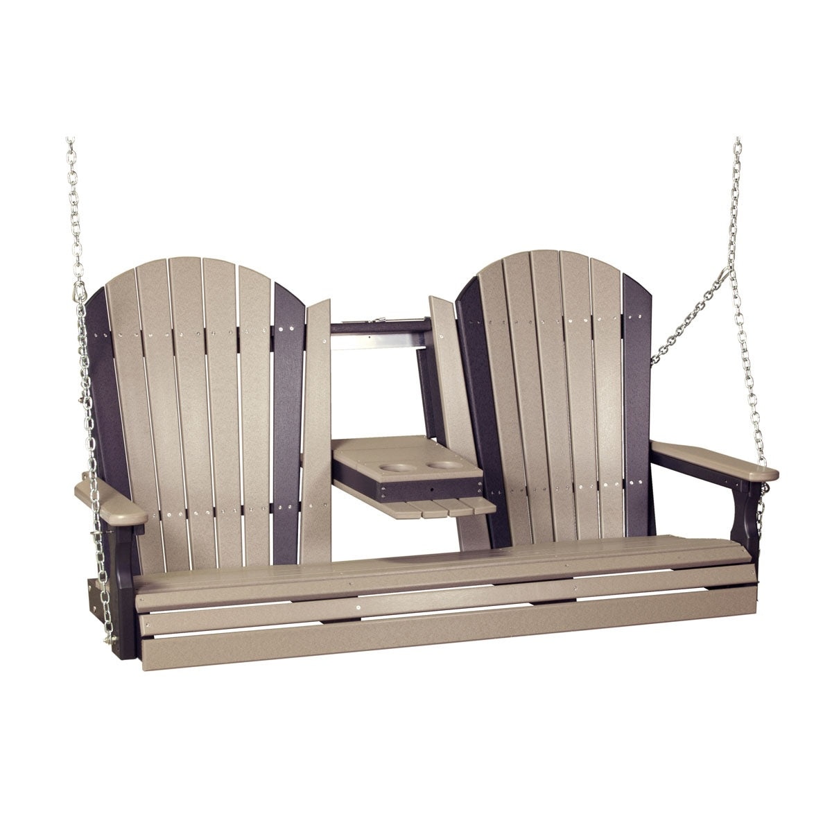 This image shows off the Weatherwood and Black colored Adirondack porch swing on a white background.