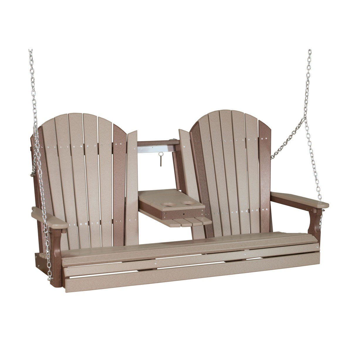 This image shows off the Weatherwood and Chestnut Brown colored Adirondack porch swing on a white background.
