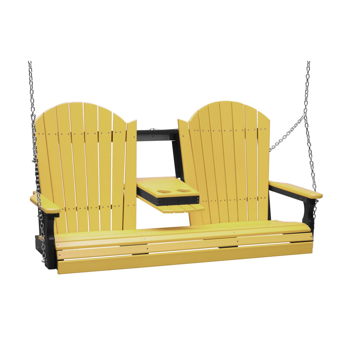 This image shows off the Yellow and Black colored Adirondack porch swing on a white background.