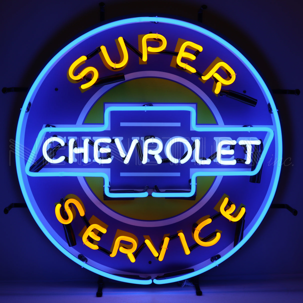 This particular image shows the neon sign in the dark. Circular neon sign that reads "Super Chevrolet Service." "Super" and "Service" are yellow. "Chevrolet" is in white. The border of the neon sign is light blue and inside the sign is a yellow circle with a white border.