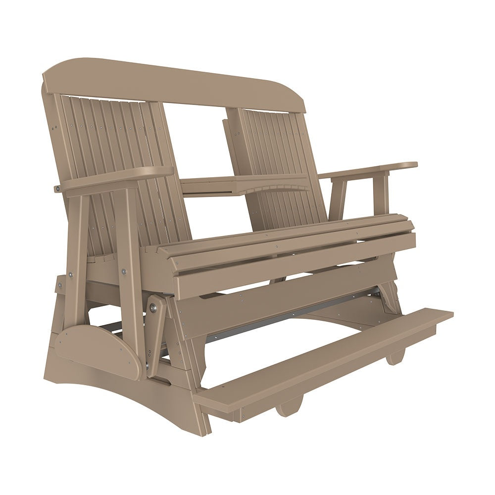 This is the Weatherwood colored Classic Balcony Glider bench on a white background.