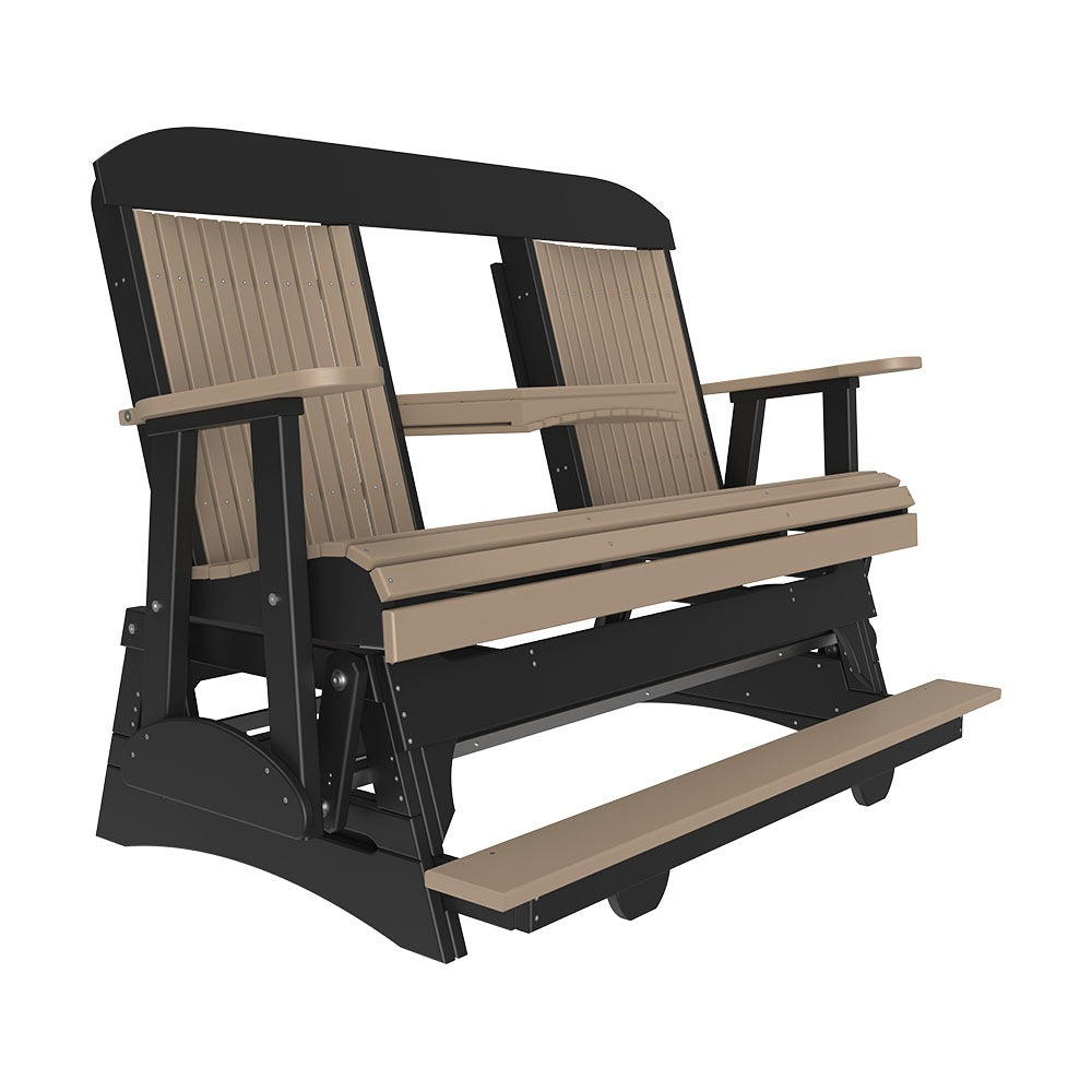 This is the Weatherwood and Black colored Classic Balcony Glider bench on a white background.