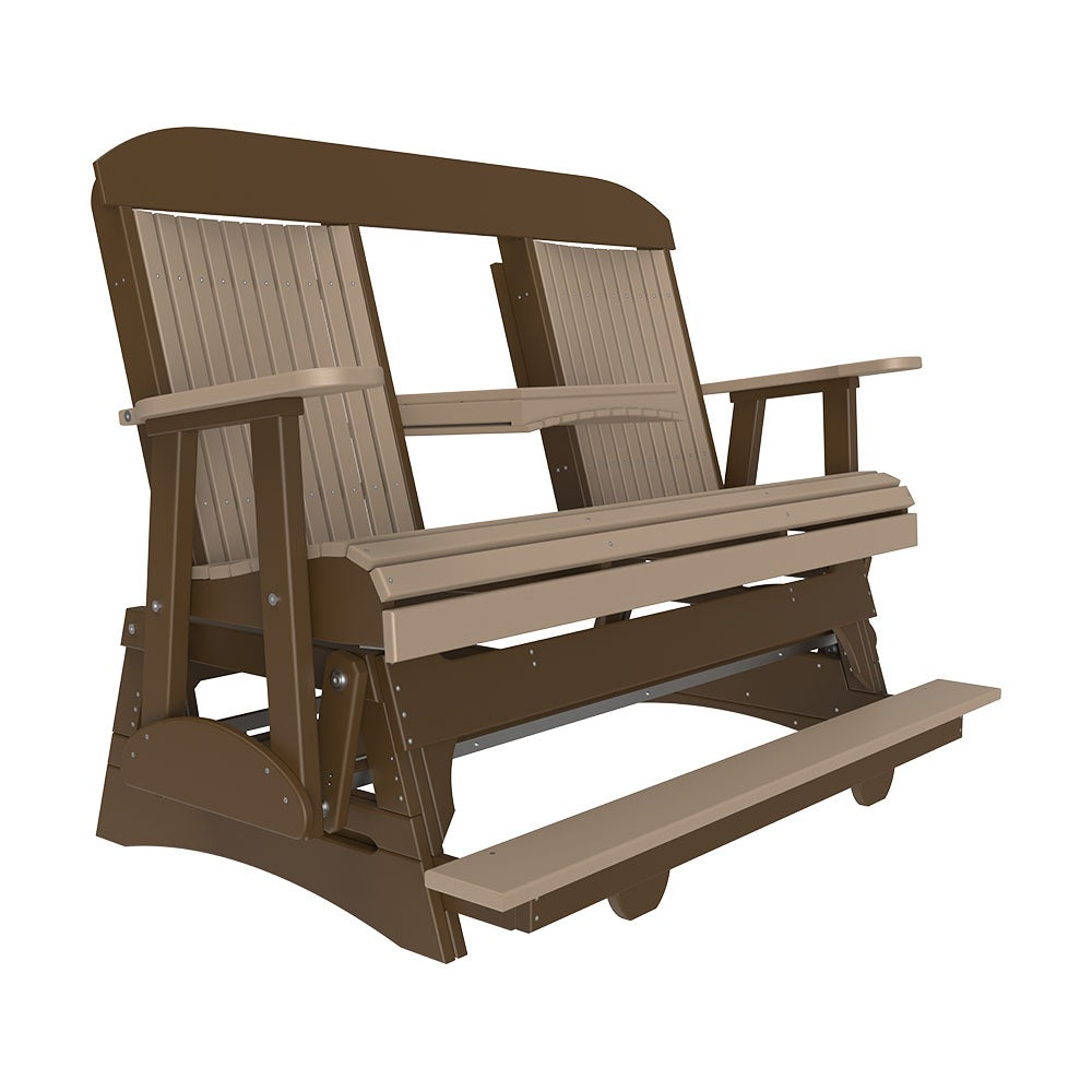 This is the Weatherwood and Chestnut Brown colored Classic Balcony Glider bench on a white background.