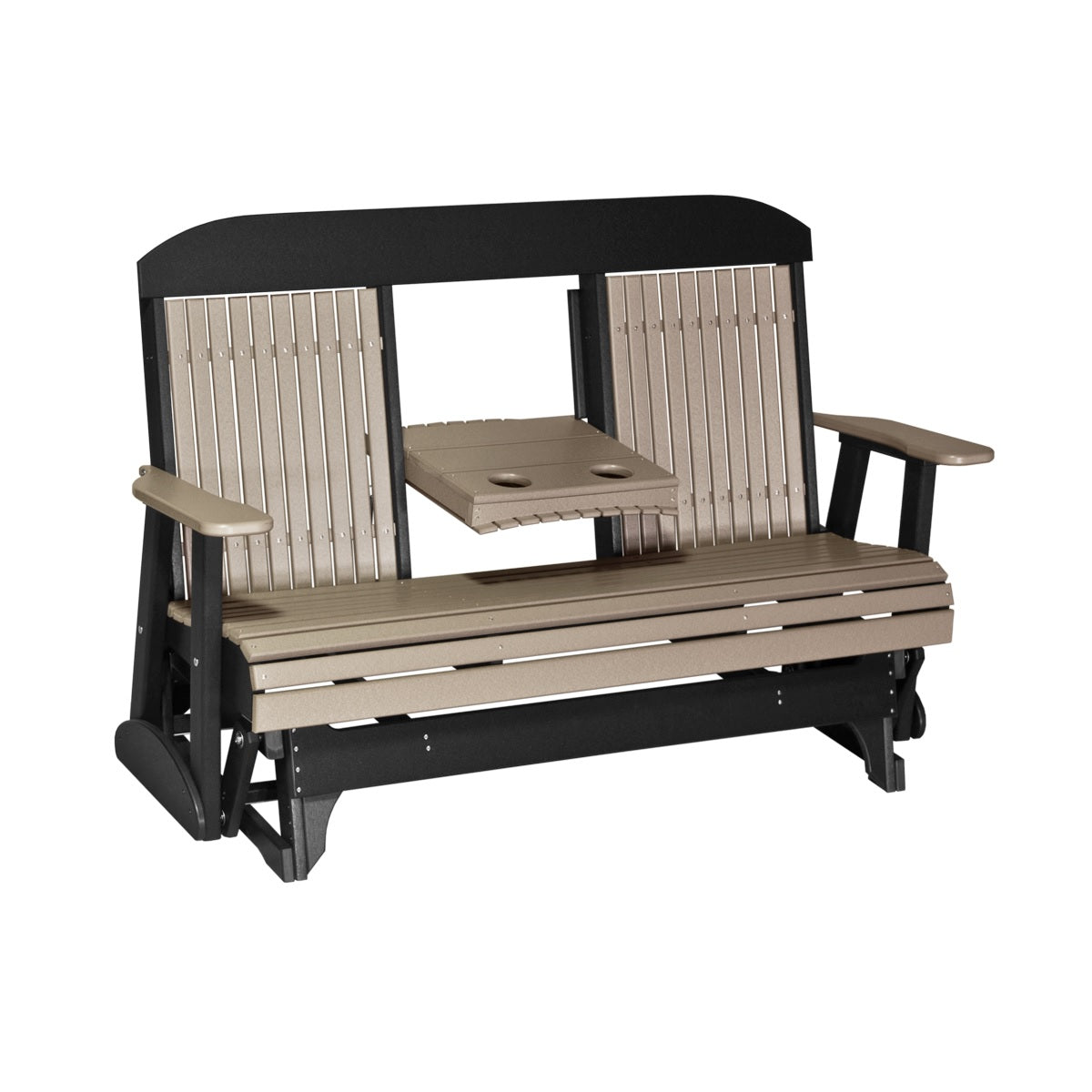 This is the Weatherwood and Black colored classic glider bench on a white background.