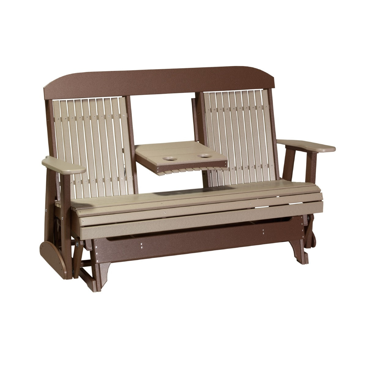 This is the Weatherwood and Chestnut Brown colored classic glider bench on a white background.