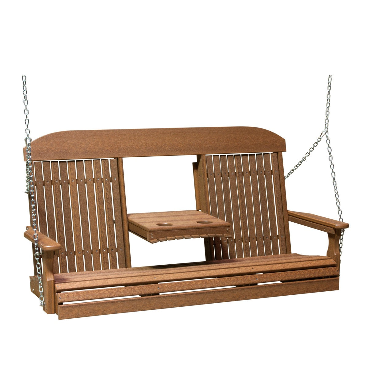 This image shows off the Antique Mahogany colored Adirondack porch swing on a white background.