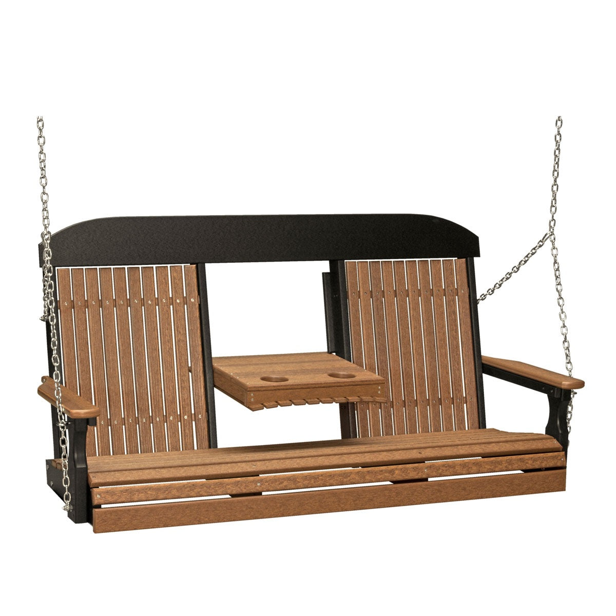 This image shows off the Antique Mahogany and Black colored Adirondack porch swing on a white background.