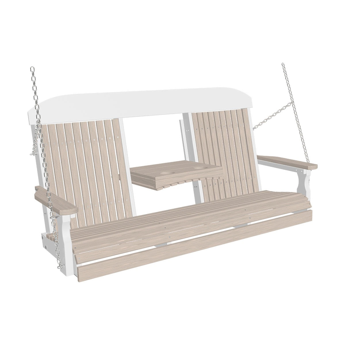 This image shows off the Birch and White colored Adirondack porch swing on a white background.