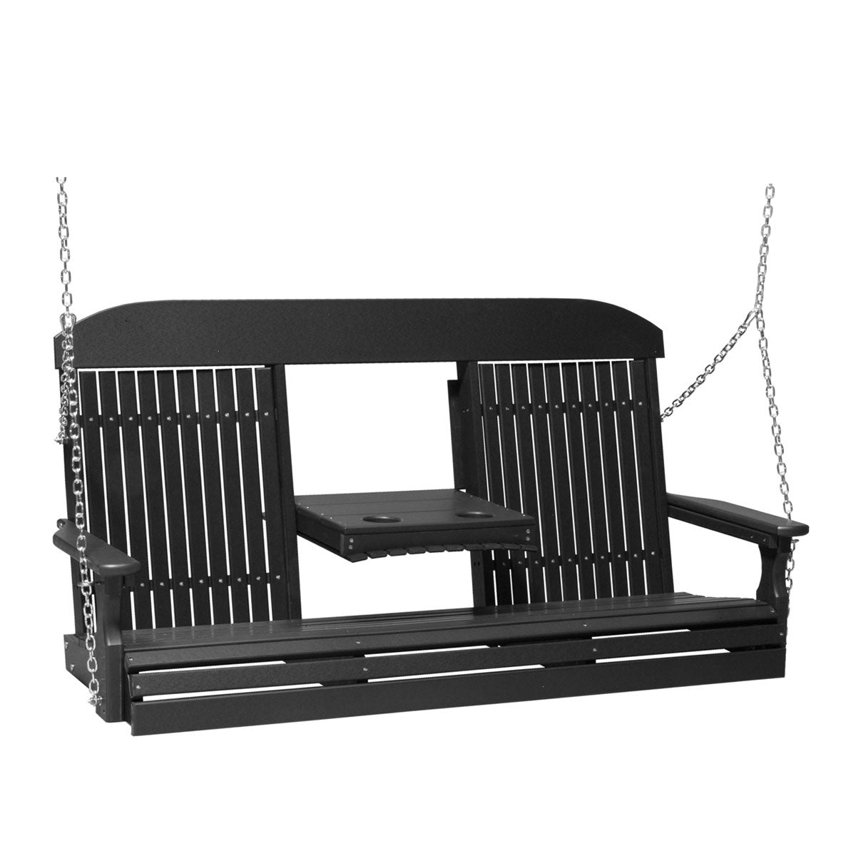 This image shows off the Black colored Adirondack porch swing on a white background.