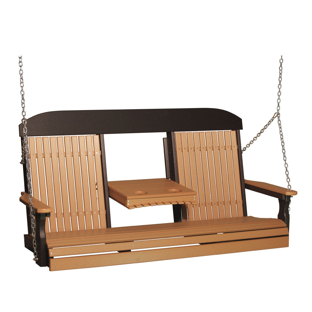 This image shows off the Cedar and Black colored Adirondack porch swing on a white background.
