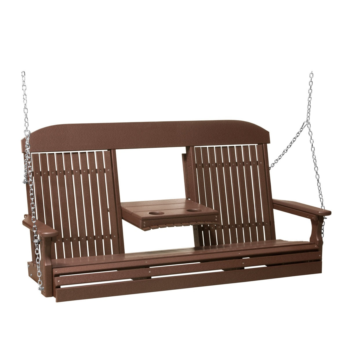 This image shows off the Chestnut Brown colored Adirondack porch swing on a white background.