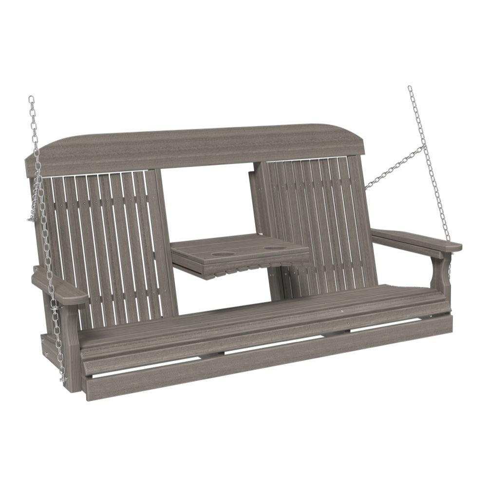 This image shows off the Coastal Gray colored Adirondack porch swing on a white background.