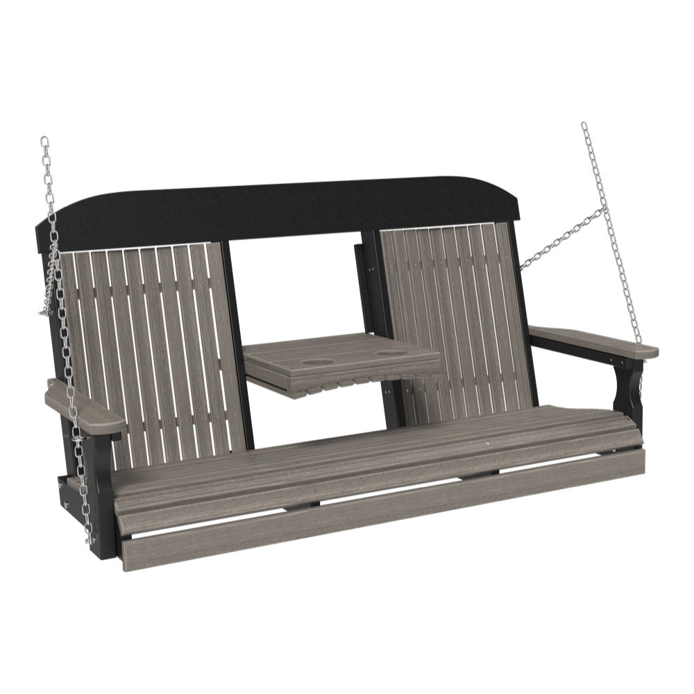 This image shows off the Coastal Gray and Black colored Adirondack porch swing on a white background.